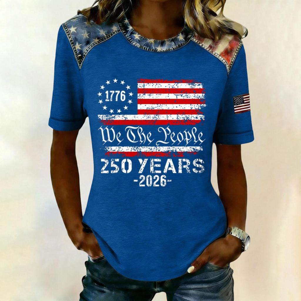 Women Casual Short Sleeve T Shirt Crew Neck Patriotic Letter Print Top Slim Fit Lightweight Tee for Everyday Wear