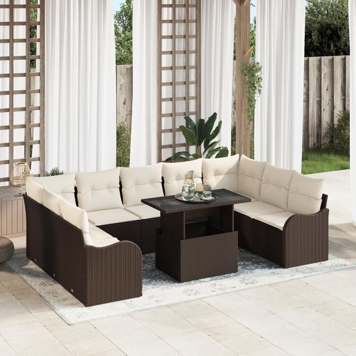 Ensemble de 10 Pièces de Canapé de Jardin avec Coussins en Rattan Poly Marron, Canapé de Jardin 2 Places avec Rangement 3357261