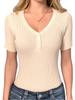 Women V Neck Ribbed Knit Short Sleeve Top with Button Casual Slim Fit Pullover for Everyday Wear