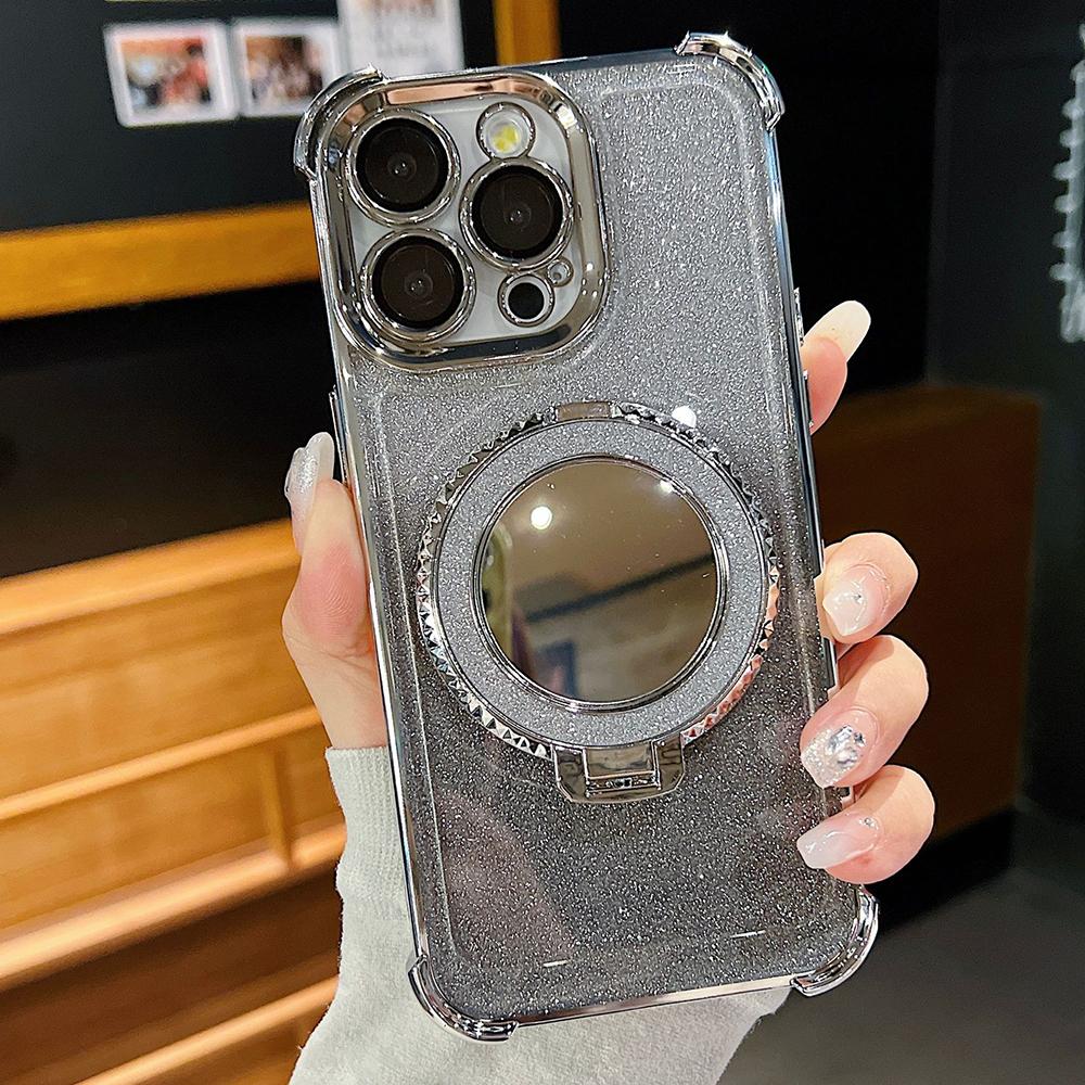 Pokovování Flash Držák zrcátka Stojan Měkký silikon Vzduchový polštář se čtyřmi rohy Ochranné pouzdro odolné proti nárazu pro Samsung Xiaomi Poco Redmi