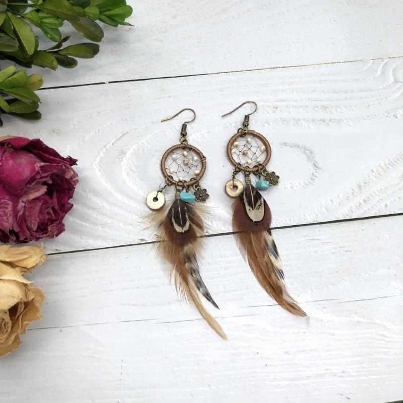 Handmade retro bohemian feather earrings dream catcher elements long fringed earrings temperament women's earrings