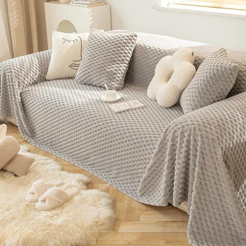 Anti Cat Scratch Large Sofa Cover Ins Style Winter Plush Sofa Towel Solid Color Full Coverage Sofa Blanket Full Cover