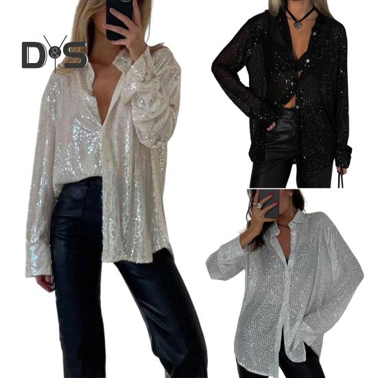Chemisier boutonné à paillettes pour femme, manches longues, revers brillant, coupe ample et décontractée, idéal pour le travail, les loisirs et le quotidien
