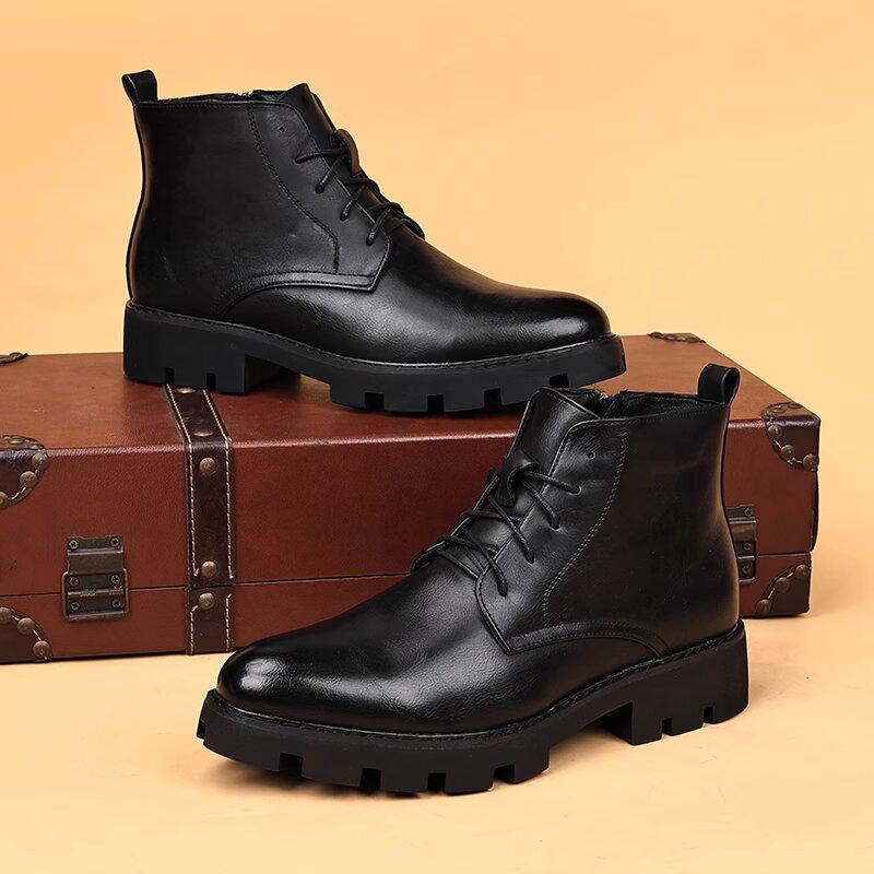 Mens Casual Natural Leather Boots Black Stylish Autumn Winter Shoes Cowboy Platform Boot Business Office Ankle Botas Masculinas