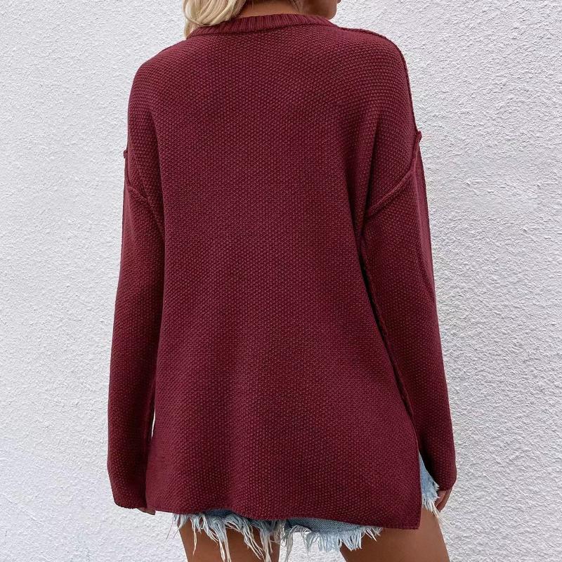 IHUASU Women's Autumn and Winter Solid Colour Pullover Large Size V-Neck Knit Sweater Street Hipster Sweater