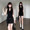 American Spice Girl Swinging Neck Dress Women's Spring and Summer Sexy Little Black Dress Royal Sister Wind Long Sleeve Black Hip Wrap Short Dress
