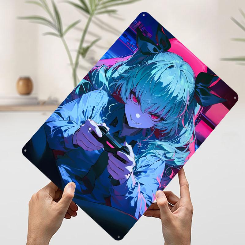 Anchovy Anime Gamer Girl Tinplate Poster Customized Wall Art Vintage Retro Metal Signs for Room Decoration Garage Decorations