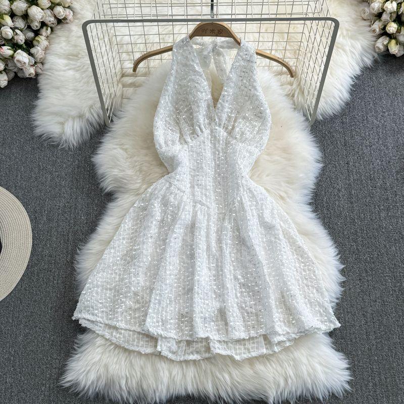 

Summer K-style Fashion Fancy Halterneck Deep V Neck Backless Waist Trimming Slim Looking Sleeveless A- line Short Tulle Tutu Dress White L