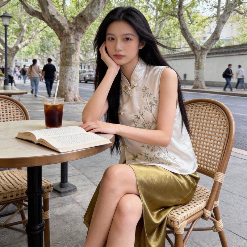 

2026 Summer Green Frog Button Top & Acetate Skirt: Elegant Women s Chinese Style Two-Piece Set Extra Large