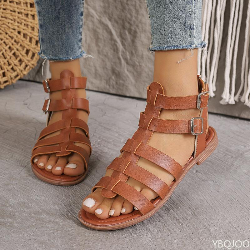 Fashion Large Roman Sandals New Flat Bottom Non Slip Hollow Wear Resistant Beach Style Sandals Solid Color Platform Zapatos De Mujer
