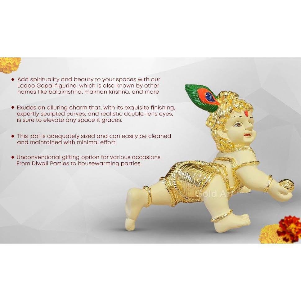 Indie Laddu Gopal Pozlacená Off-White Idolka | Bal Gopal | Malý Krišna | Makhan Chor | Syntetická pryskyřice (3x4)