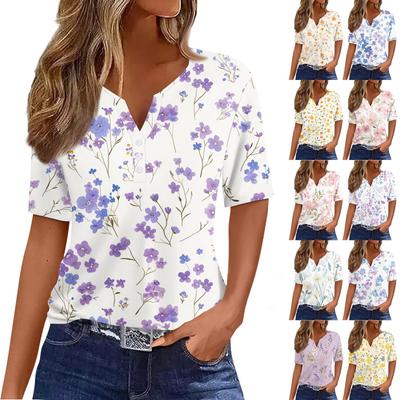 Women's T Shirt Print Button Short Sleeve Daily Weekend Fashion Basic V-Neck Regular Top