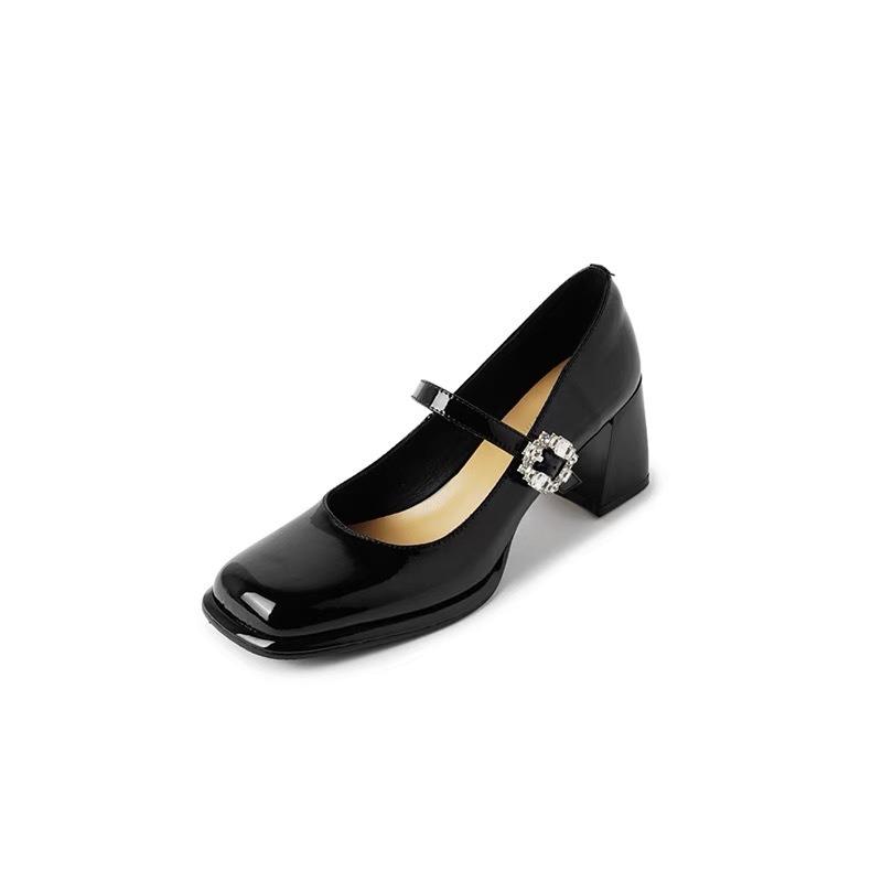 Leather Thick Heel Retro Rhinestone Mary Jane Shoes Women's High Heels One-word Buckle Light Mouth Single Shoes