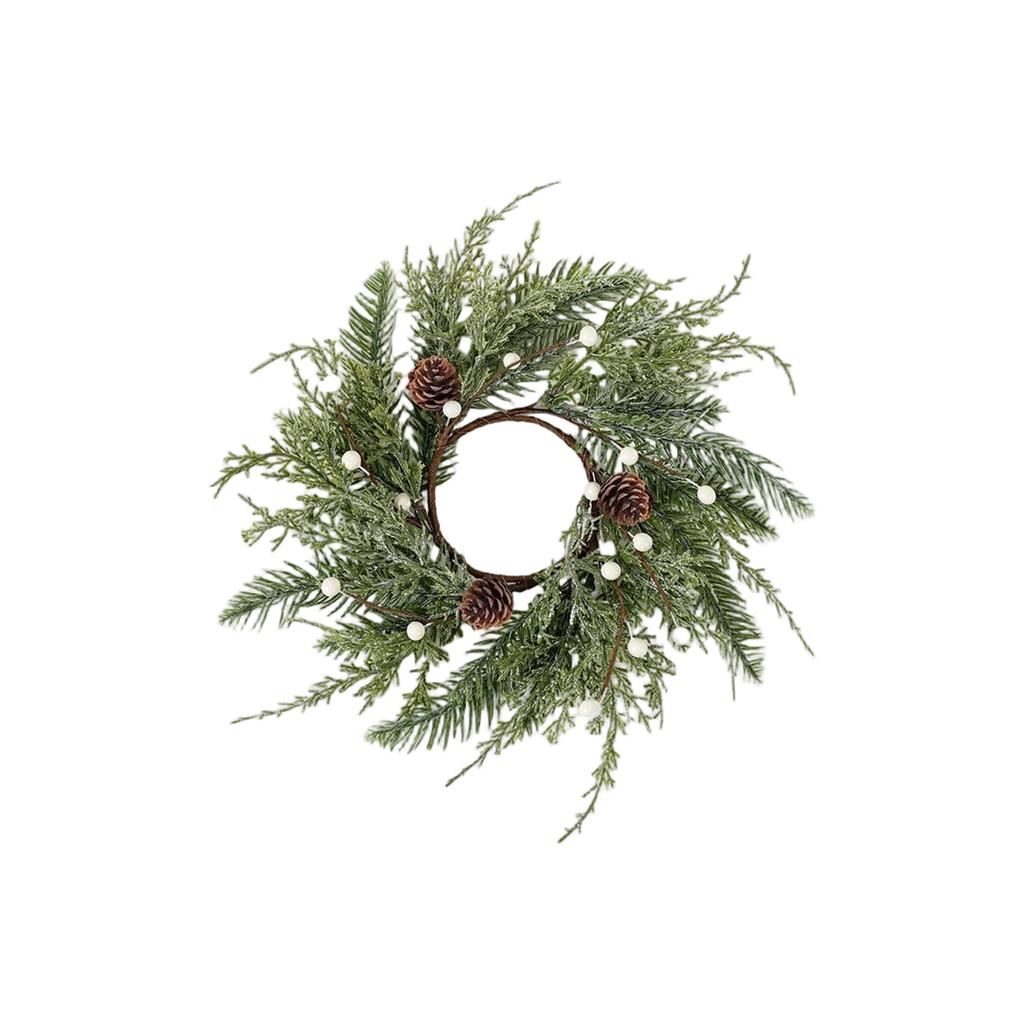 Christmas Candle Wreath with Artificial Frosted Cedar and Cones for Holiday Home Decor