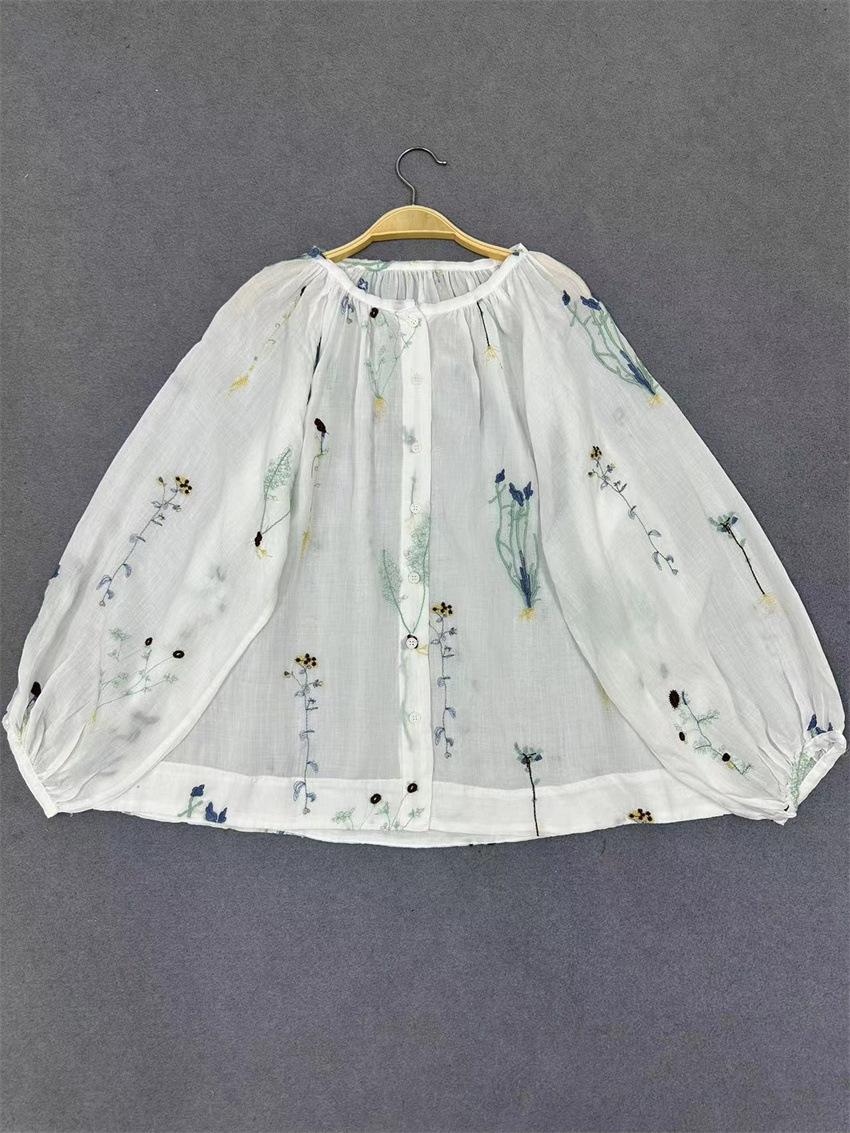 

Johnature корейские рубашки с круглым вырезом и рукавами-воздушными шарами, летние женские рубашки с вышивкой Mori, повседневные свободные тонкие топы One Size белый