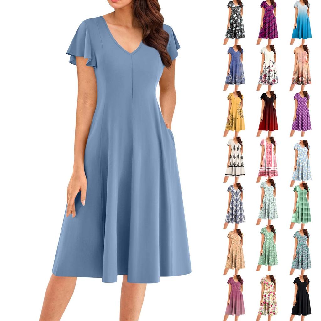 Women's Summer Fashion V-Neck Ruffle Sleeve Retro Elegant Midi Dress