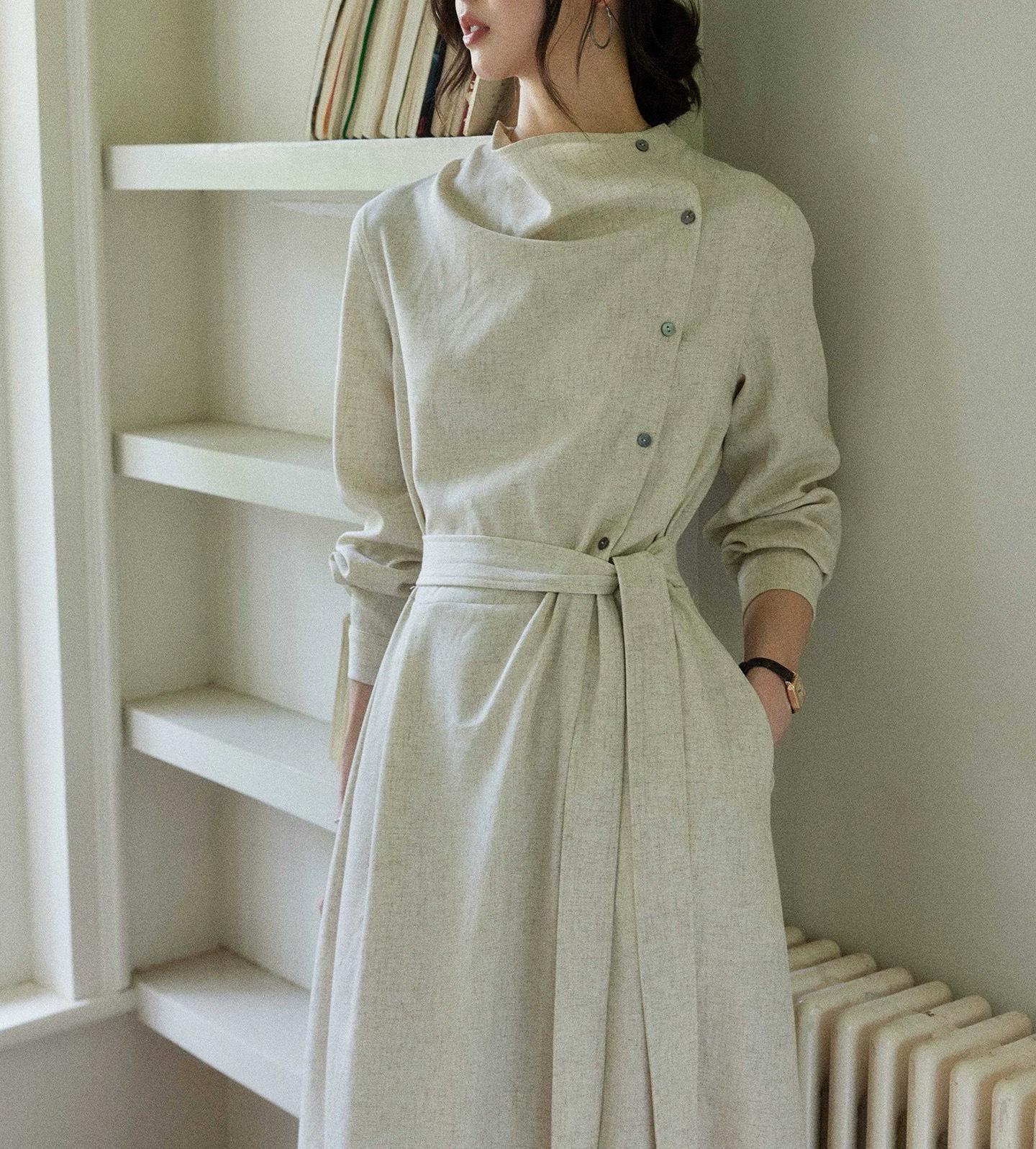 

Er Yang [Twilight Cloud Returns] Asymmetrical Long-Sleeve Dress - Spring Intellectual Style, Waist-Cinched Skirt for Women Medium абрикосовый