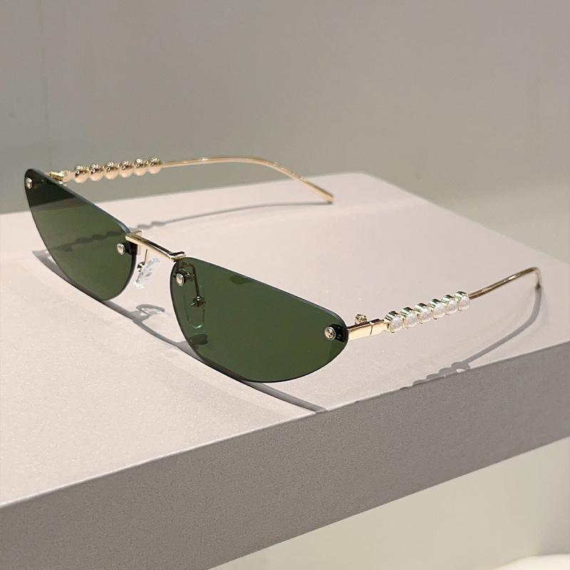 Rimless Triangle Sunglasses with Pearls Women  New Fashion Casual Sun Glasses Trendy Sweet Brand Design Decor Shades