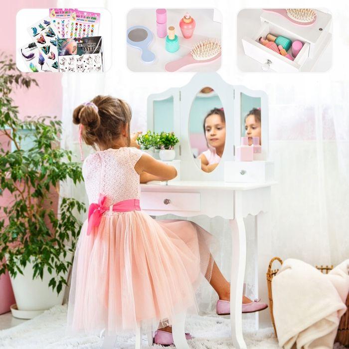 Grande coiffeuse enfant en bois avec miroirs plexi, tabouret et accessoires + tatouages (GS3302)