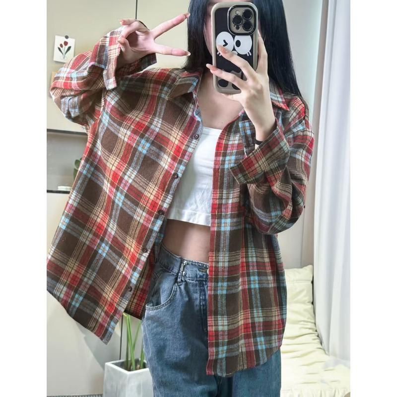 2025 Spring and Autumn New Shirt for Women Korean Version Retro Hong Kong Style POLO Collar Student Plaid Loose Jacket Shirt for Women