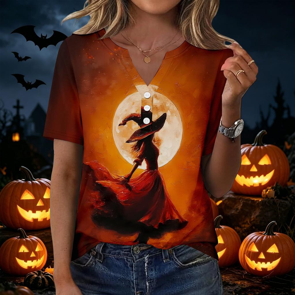 Womens Casual V Neck Short Sleeve Button T Shirt Halloween Pumpkin Witch Print Top Lightweight Comfortable Fit