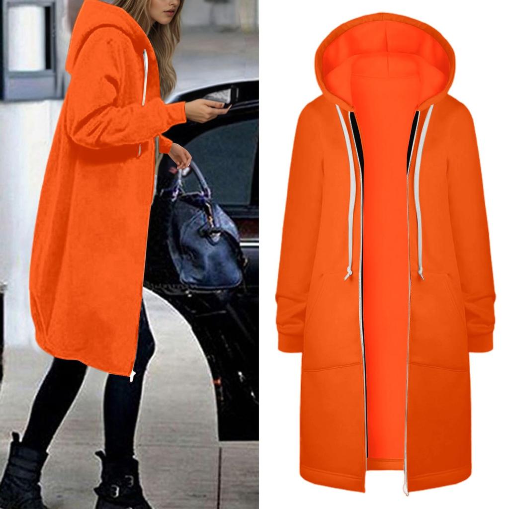 Women's Fashionable Solid Color Long Sleeved Pocket Long Hoodies Zipper Casual Coat Fall Jackets Sweatshirts Clothes