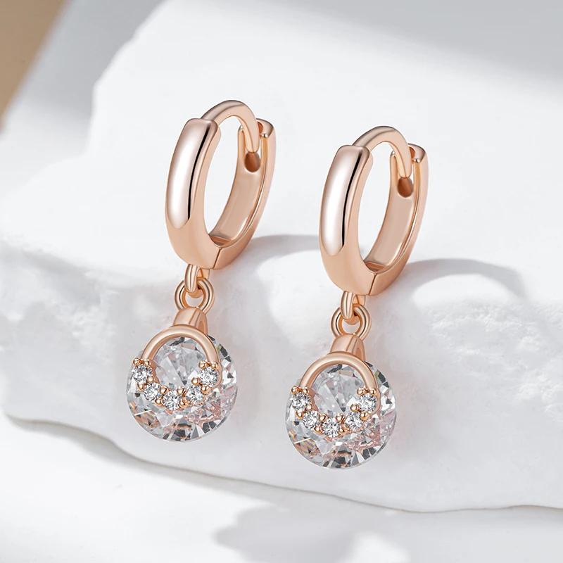 Women Golden Hoop Earrings Match White Zircon Round Pendant Girls Sparkling Accessories Party Fashion Jewelry
