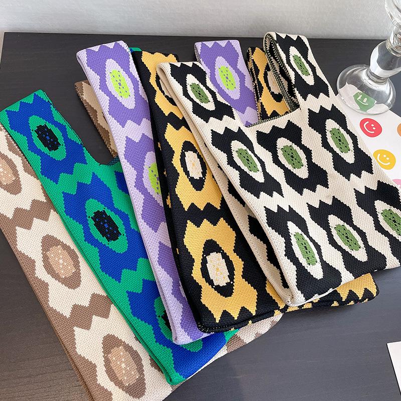 Cartoon Diamond Grid Knitting Bag New Vest Shoulder Bag Fashion Simple Tote Bag Korean Version Handbag Leisure Canvas Women Bags