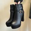 High Heels Women Ankle Boots Side Zip Fall Winter Platform Ladies Boots Large Size Fashion Shoes Black Beige Buckle