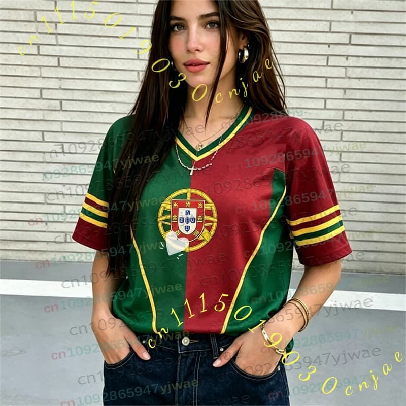 2026 Kadın Erkek Ponpon Kızlar PORTUGAL NO.7 Y2k Üstler Yaz Futbol Kısa Kollu Forma Günlük Tişörtler Hip Hop Kadın Erkek Giyim
