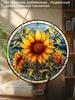 Stained Glass Style Sunflower Round Wooden Hanging Sign, 2D Flat Printed Floral Front Door Decor, Botanical Wall Ornament Gift