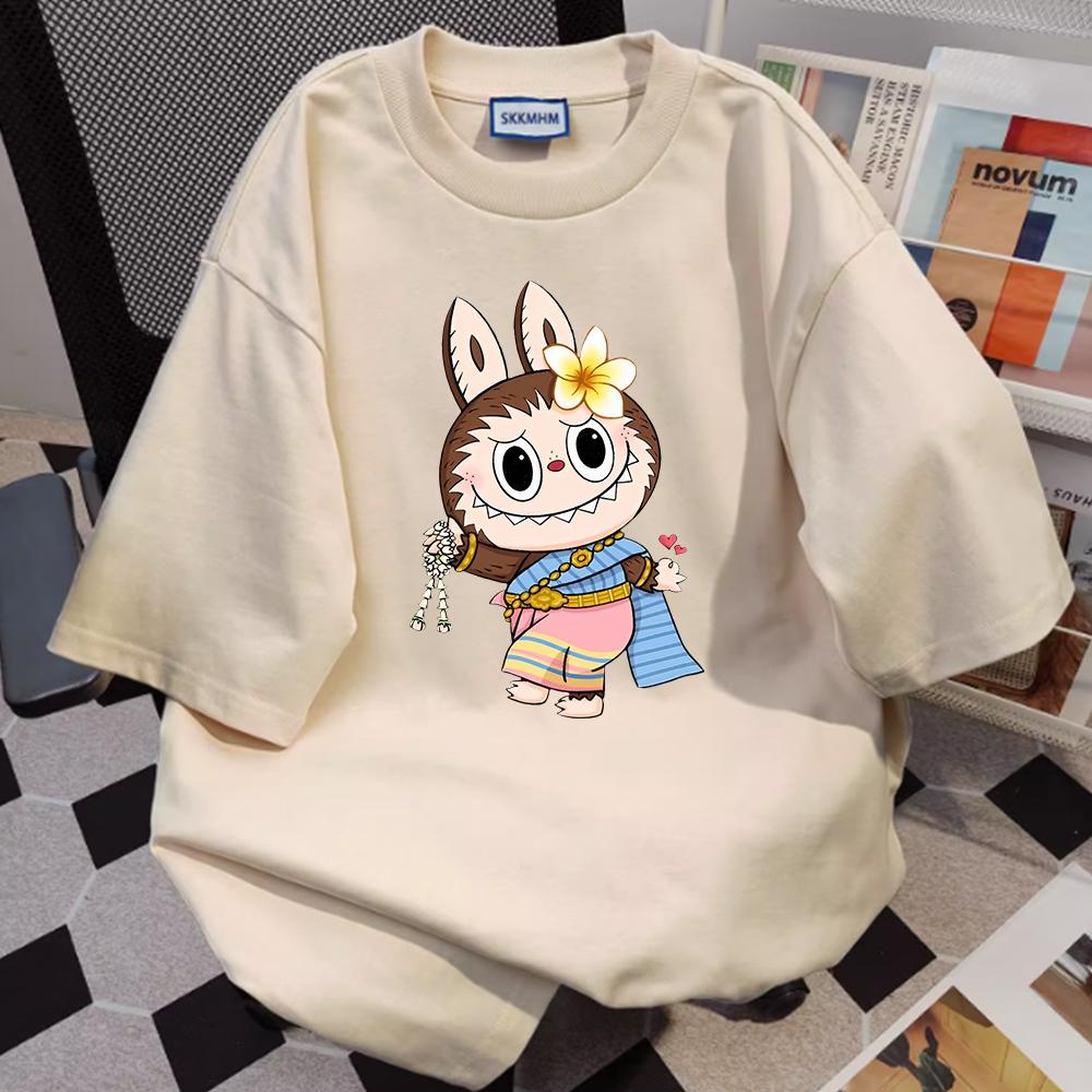 2025 new fashion labubu t-shirt cute and sweet cartoon print summer loose casual street wear unisex