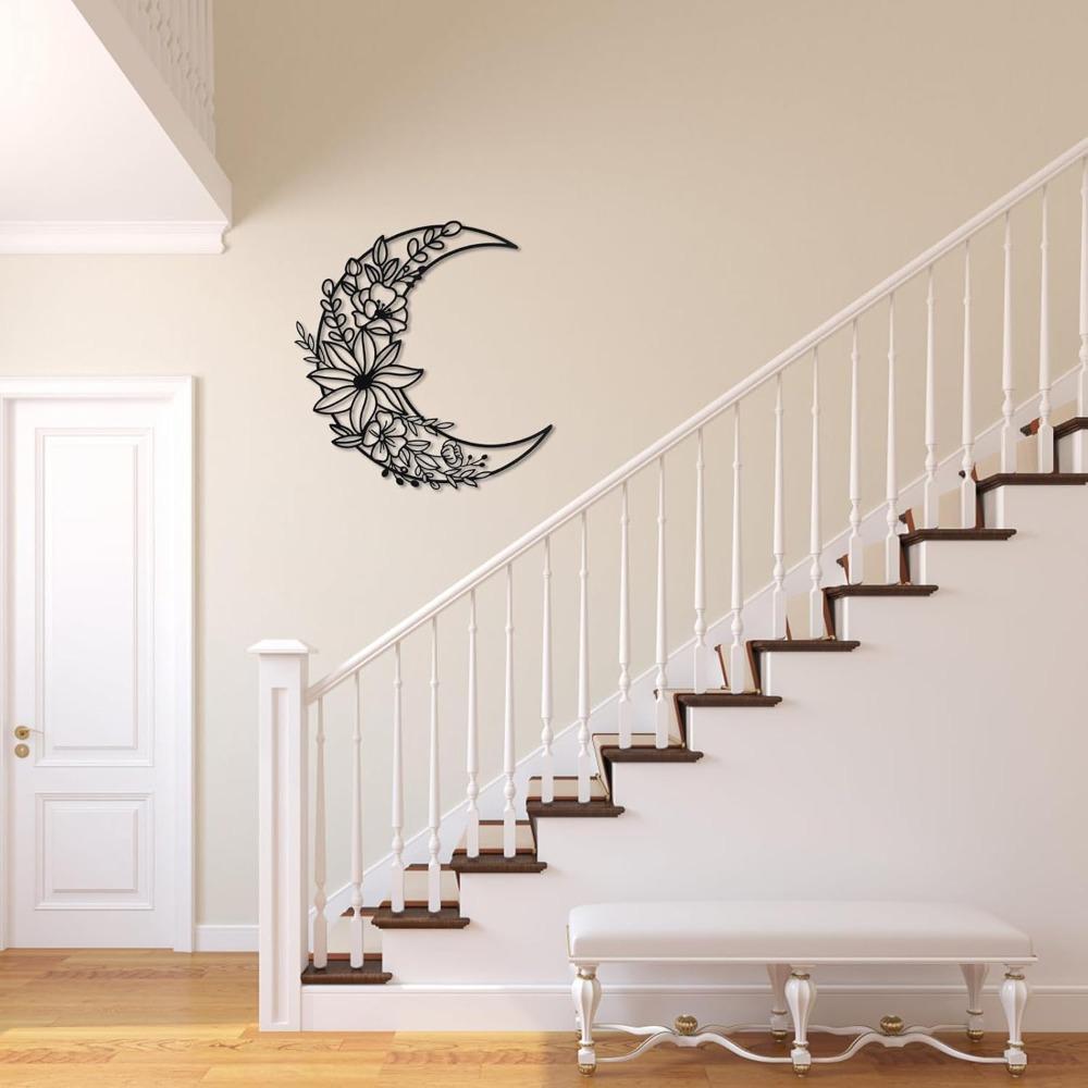 Wrought Iron Moon Wall Art, Boho Metal Floral Decor Home Hanging Ornament