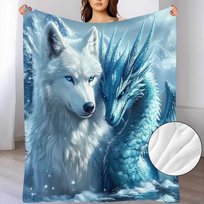 White Wolf and Dragon Pattern Flannel Throw Blanket, Soft Warm Sofa Bedspread for Home Leisure Air Conditioning Nap Office Camping Travel, Travel Blan