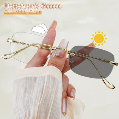 Elegant Square Frame Rimless Fashion Photochromic Glasses Suitable For All Kinds Of Faces Perfect For Decoration Women Men