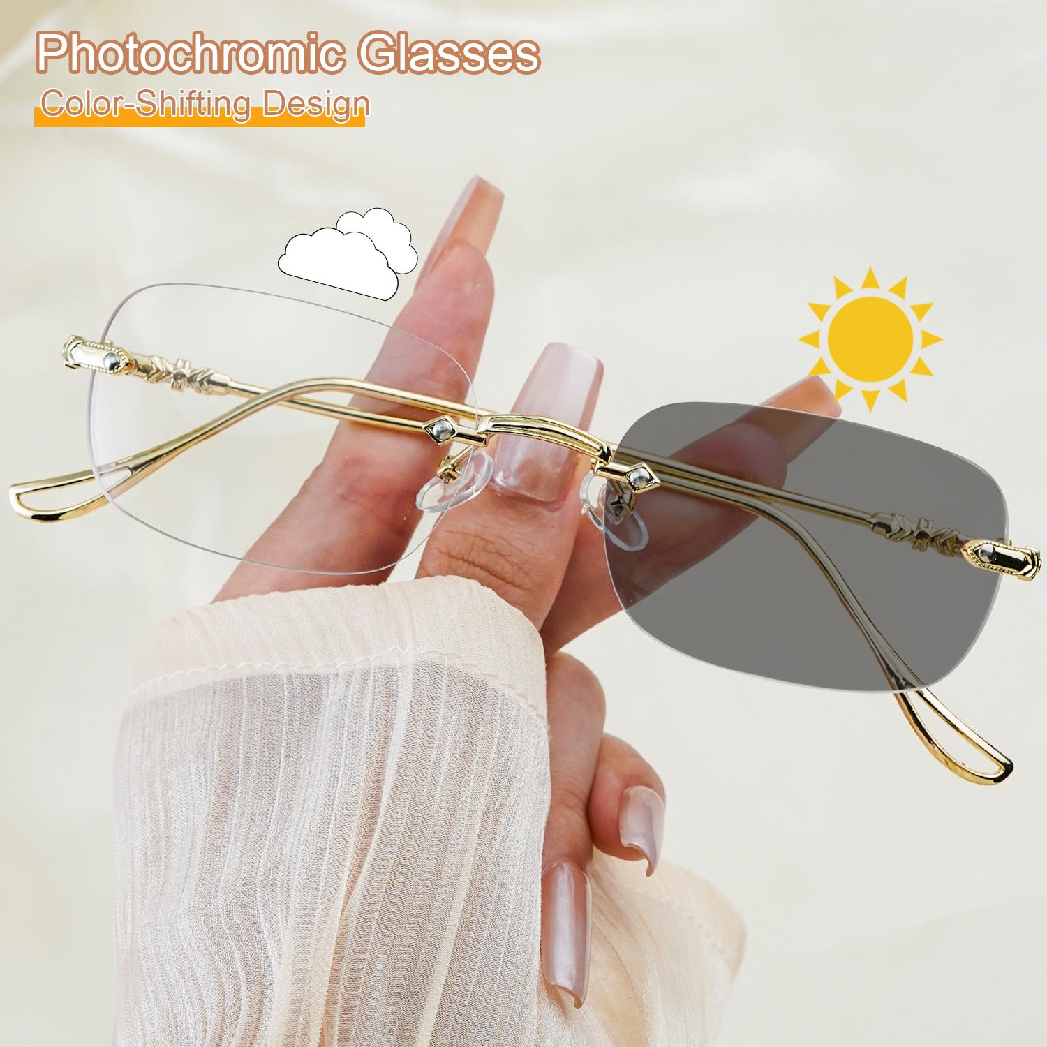 

Elegant Square Frame Rimless Fashion Photochromic Glasses, Suitable for All Kinds of Faces, Perfect for Decoration Women Men