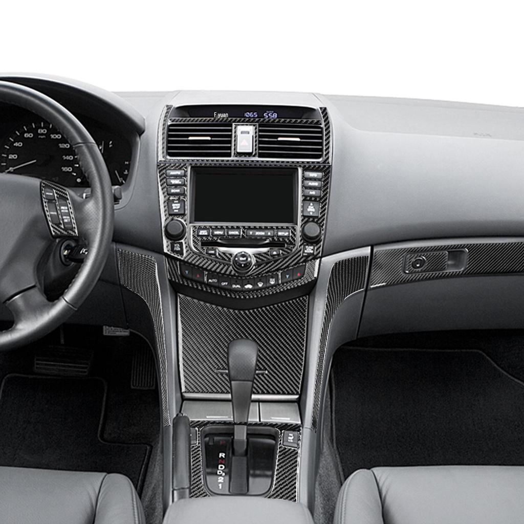 Carbon Fiber Interior Parts for Honda Accord 03-07: Steering Wheel, Window Lifters, Center Console, and Instrument Panel.