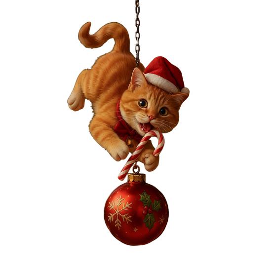 Cat Christmas Ornament Cute Kitten Christmas Ball Ornament 2D Flat Hanging Charm for Car Rearview Mirror