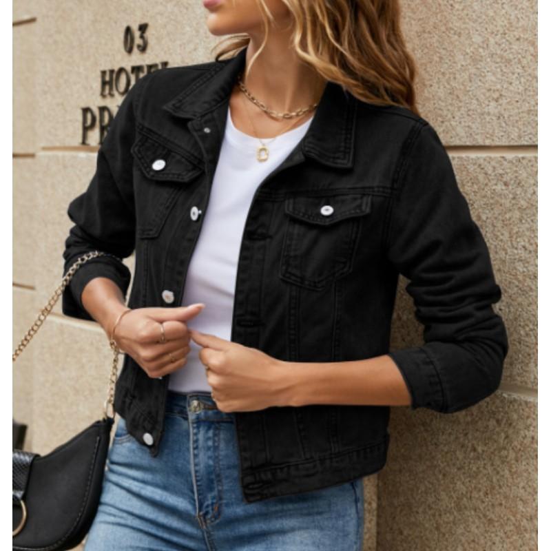 Women's Spring/Autumn Collared Pocket Single-Breasted Short Denim Jacket Solid Color Personalized Slim-Fit Streetwear Jacket