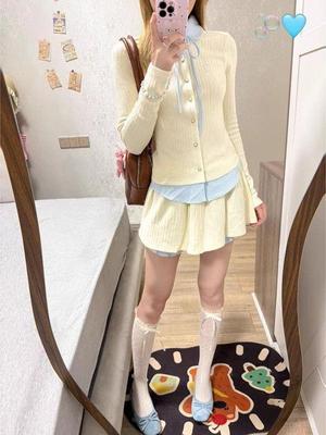 Korean Style Sweet Long Sleeve Cardigan & High Waist A-Line Skirt Two-Piece Set for Women - Early Autumn Outfit