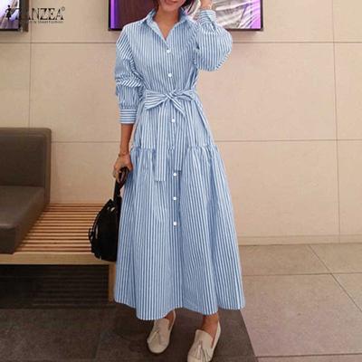 Women Casual Turn Down Collar Long Sleeve Loose Stripe Dress