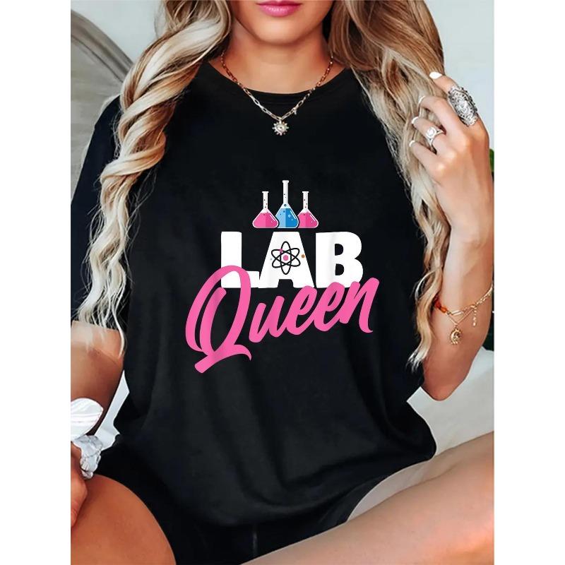 Women Plus Size Lab Queen Graphic Tee Black Pink LAB Text Scientist Lab Technician Casual Everyday Themed Event Non-See Through Professional Work Top