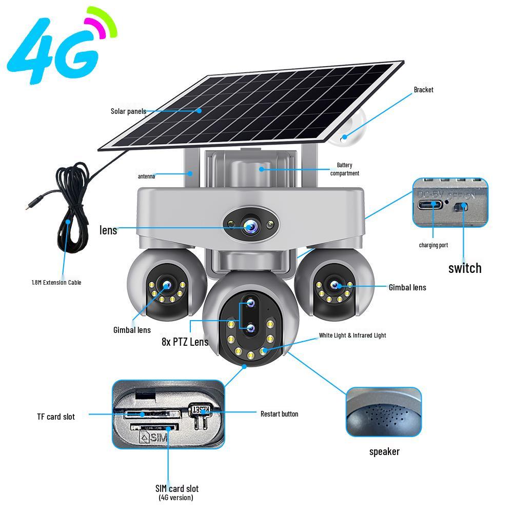 V380 Solar 4G Network Waterproof Camera with Alarm and Triple-Screen Monitor