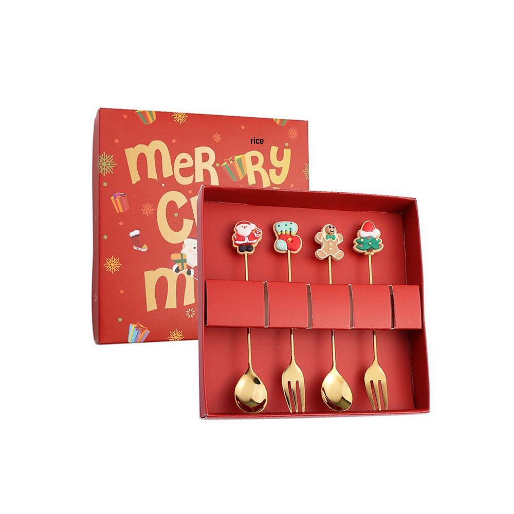J Cross-border 430 Stainless Steel Christmas Dessert Spoon & Fork Set – Includes Ice Cream & Cake Utensils with Festive Elements