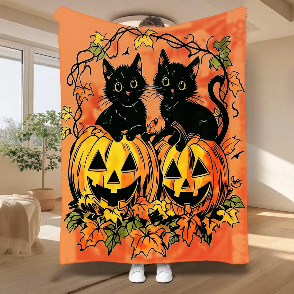 Halloween Black Cats on Pumpkins, Festive Season Gift, Soft Cozy Blanket, Autumn Vine Design, Multi-Purpose Home Decor, Warm Comfort