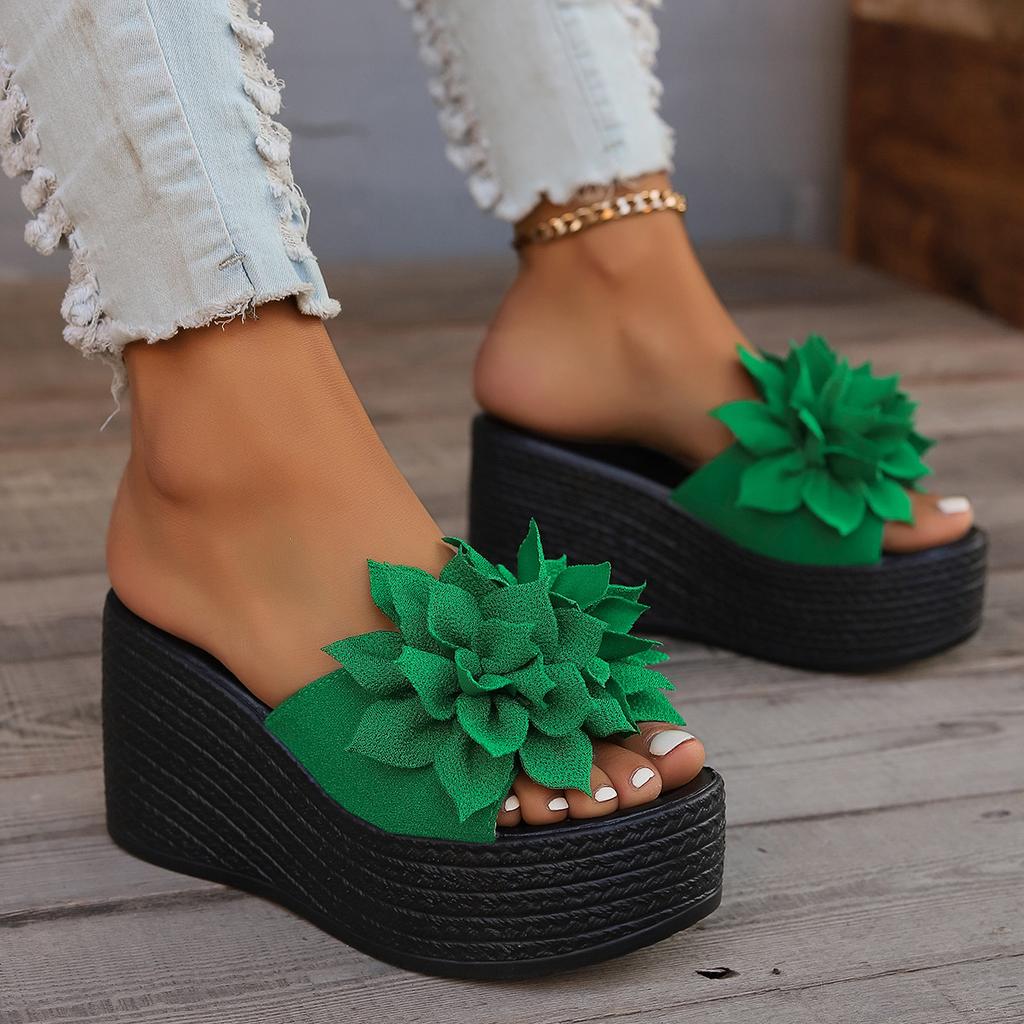 Summer New Flower Muffin Slippers Women's 2025 Large Size One-word Slippers Thick-soled Cool Slippers