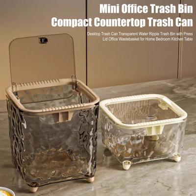Desktop Trash Can Transparent Water Ripple Trash Bin with Press Lid Office Wastebasket for Home Bedroom Kitchen Table