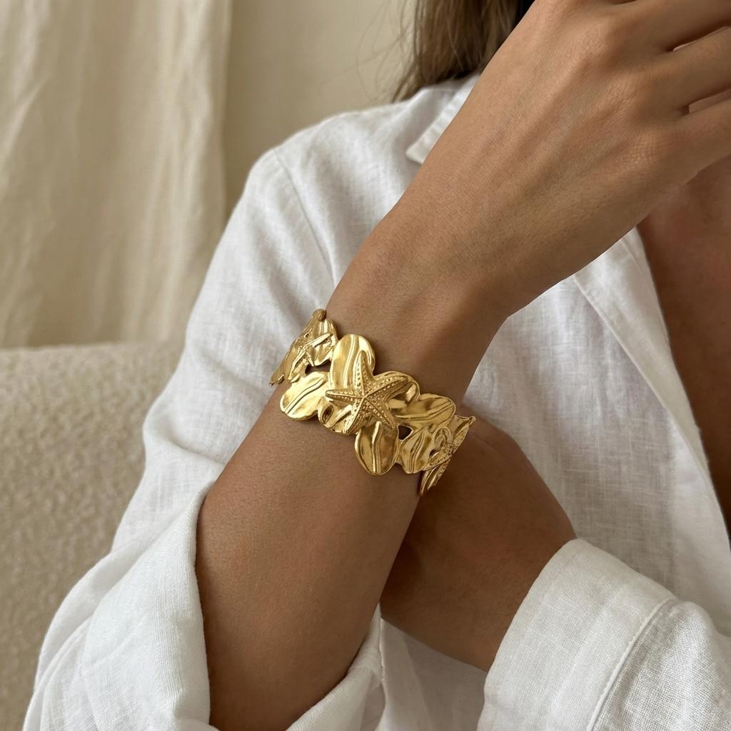 Exaggerated Irregular Stainless Steel Wide Cuff Bracelet Women's Leaves Starfish Bangle Delicate Daily Wear Jewelry Gift