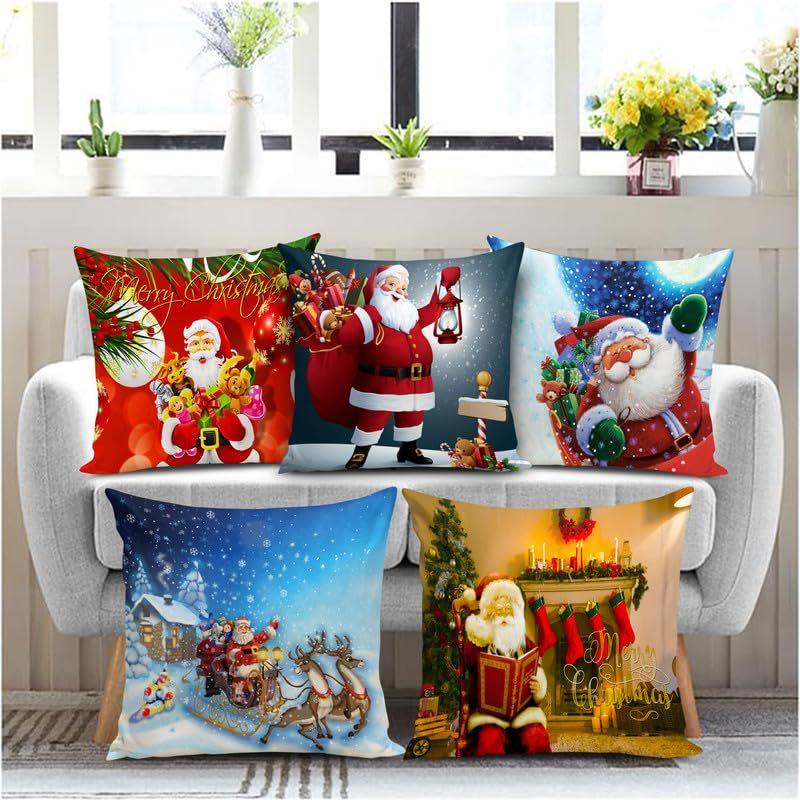 

Designer Decorative Printed Merry Christmas Theme Cushion Cover Xmas Decorations for Sofa Living Room Set of 5 12 x 12 inch Multi