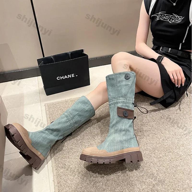 Women Blue Denim Thigh High Boots Thick Heels Simple Thick High Heels Autumn Winter New Fashion Platform Knee High Knight Boots